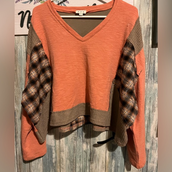 POL Tops - POL Orange and Brown Plaid V-Neck Patchwork Top